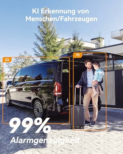 Mann mit Kind und Koffer neben einem schwarzen Van