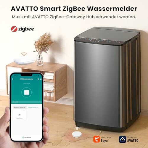 AVATTO ZigBee Wassermelder mit Smartphone-App-Steuerung, neben einer Waschmaschine.