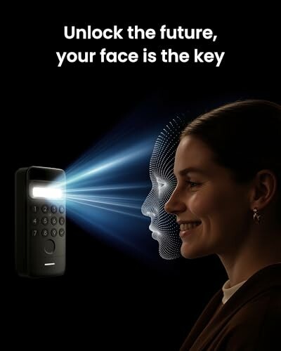Frau verwendet Gesichtserkennung für Türschloss.