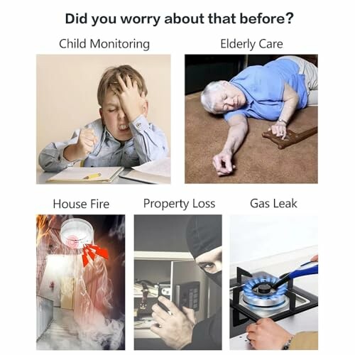 Collage zeigt Kindermonitoring, Altenpflege, Hausbrand, Eigentumsverlust und Gasleck.