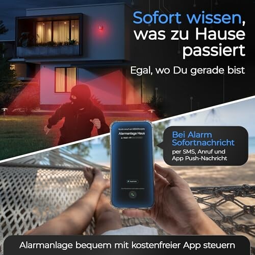 Einbrecher vor einem Haus, während jemand auf einem Smartphone eine Alarmbenachrichtigung erhält.
