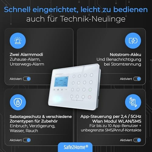 Smart-Home-Sicherheitssystem mit verschiedenen Alarmmodi und App-Steuerung.