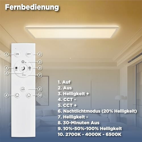 LED-Deckenleuchte mit Fernbedienung und Einstellungen.