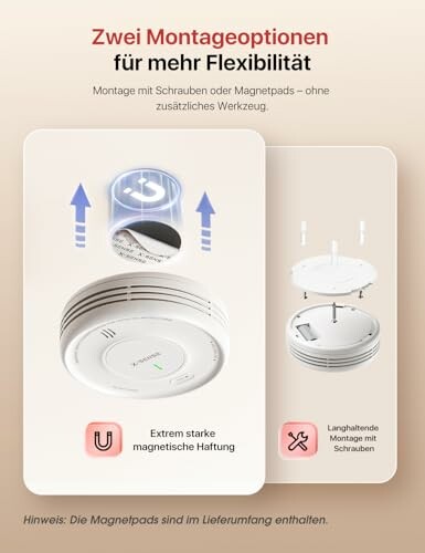 Rauchmelder mit zwei Montageoptionen, Schrauben oder Magnetpads.