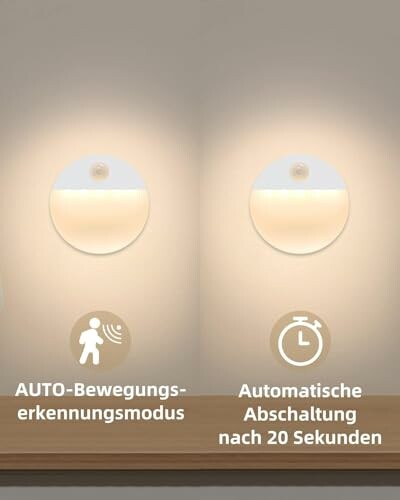 Zwei runde LED-Leuchten mit Bewegungsmelder und automatischer Abschaltung.