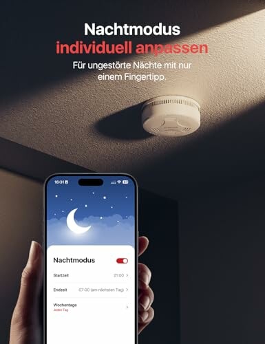 Smartphone zeigt Nachtmodus-Einstellungen neben Rauchmelder.