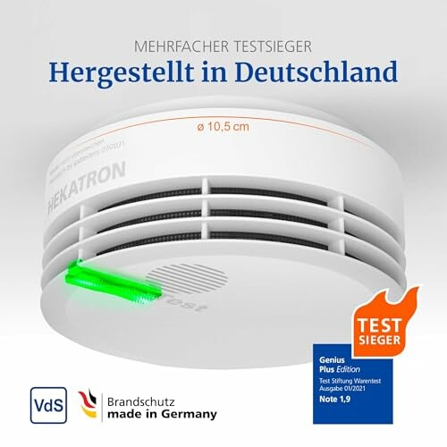 Rauchmelder mit Testergebnis und Herkunftsangabe