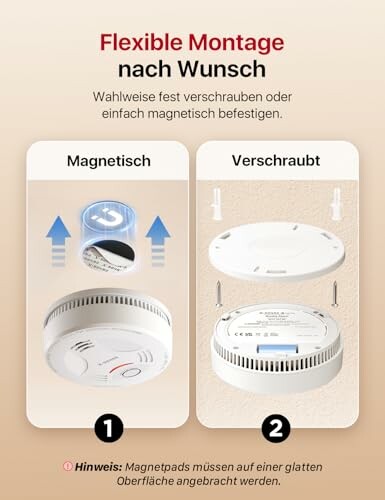 Rauchmelder mit magnetischer und verschraubter Montageoption.