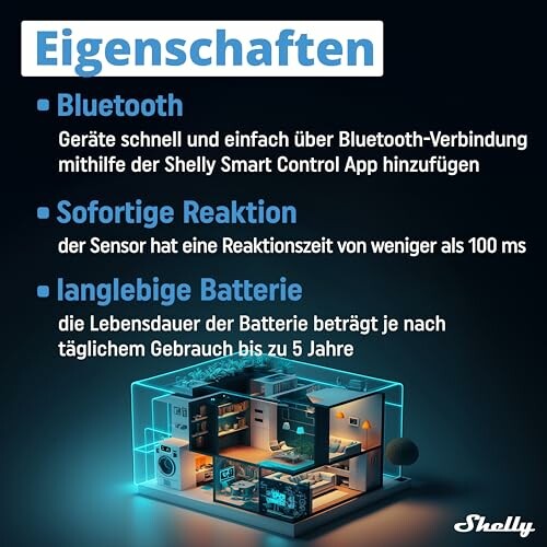 Eigenschaften von Shelly Smart Control: Bluetooth, schnelle Reaktion, langlebige Batterie.