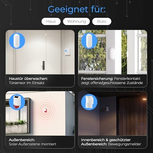 Smart-Home-Sicherheitsgeräte für Tür, Fenster, Sirene und Bewegungsmelder.