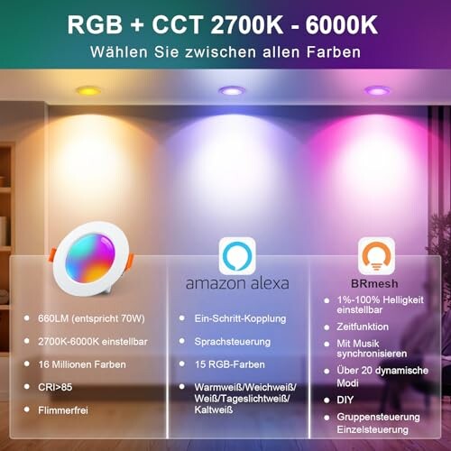 Anzeige von RGB und CCT Beleuchtungsoptionen mit Alexa-Integration.