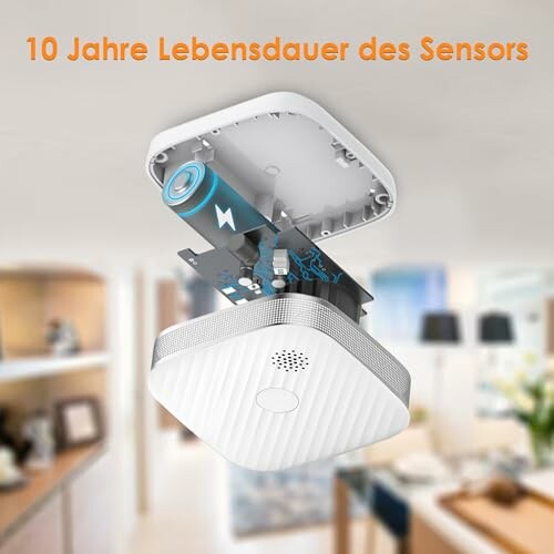 Rauchmelder mit geöffneter Batterieabdeckung und Text zur Lebensdauer.